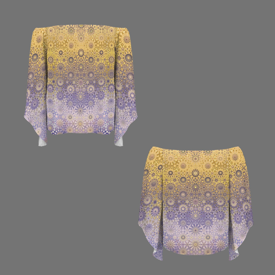 Off Shoulder Trumpet Sleeve Blouse Lavendar and Gold Ombre