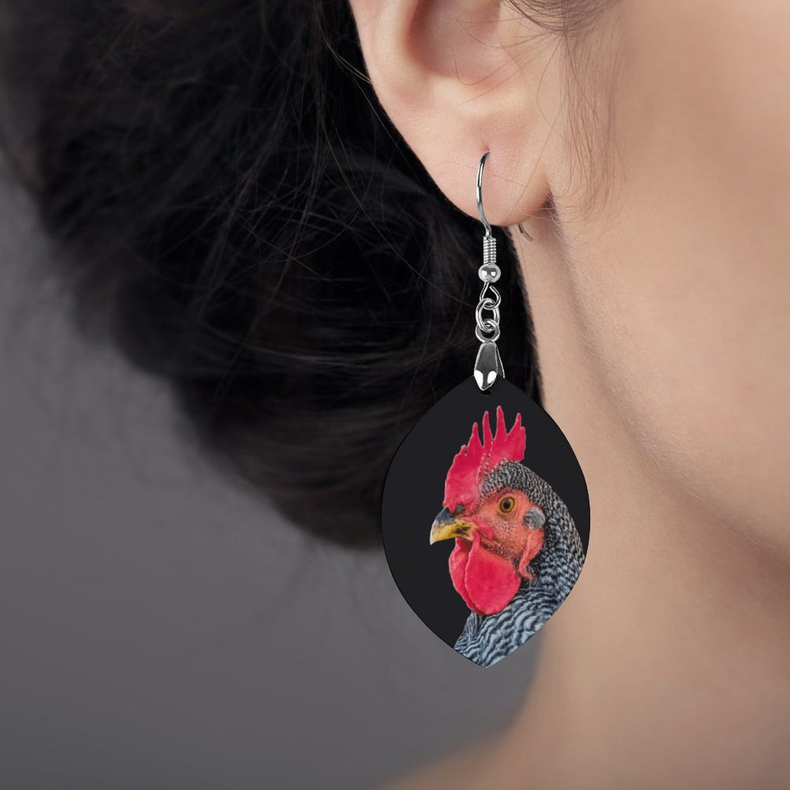 Wooden Oval Earrings Chicken