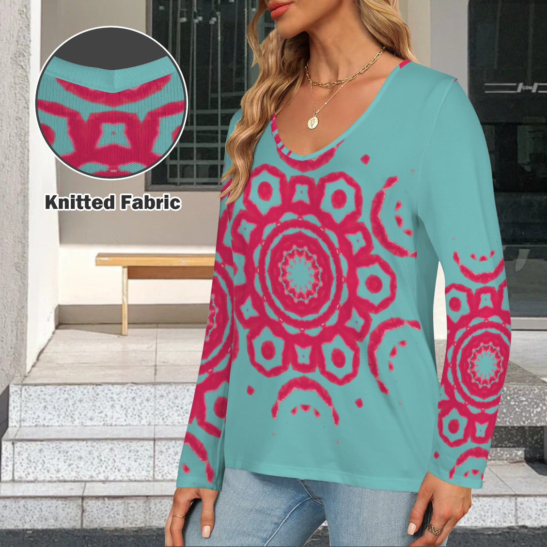 Long Sleeve V Neck Top Turquoise Red Medallion