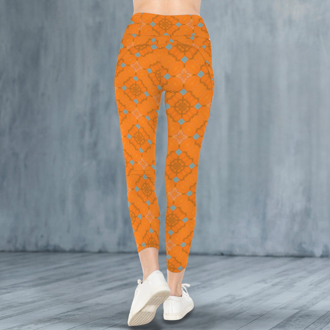 High Waist Pockets Yoga Leggings Orange and Blue Butterfly