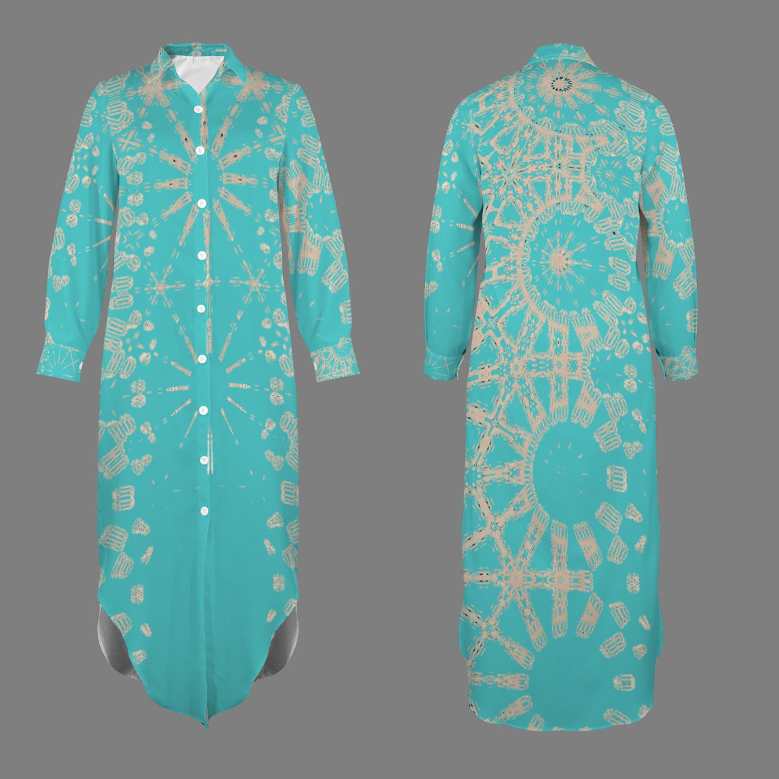 Long Sleeve Shirt Dress Taupe and Turquoise Graphic