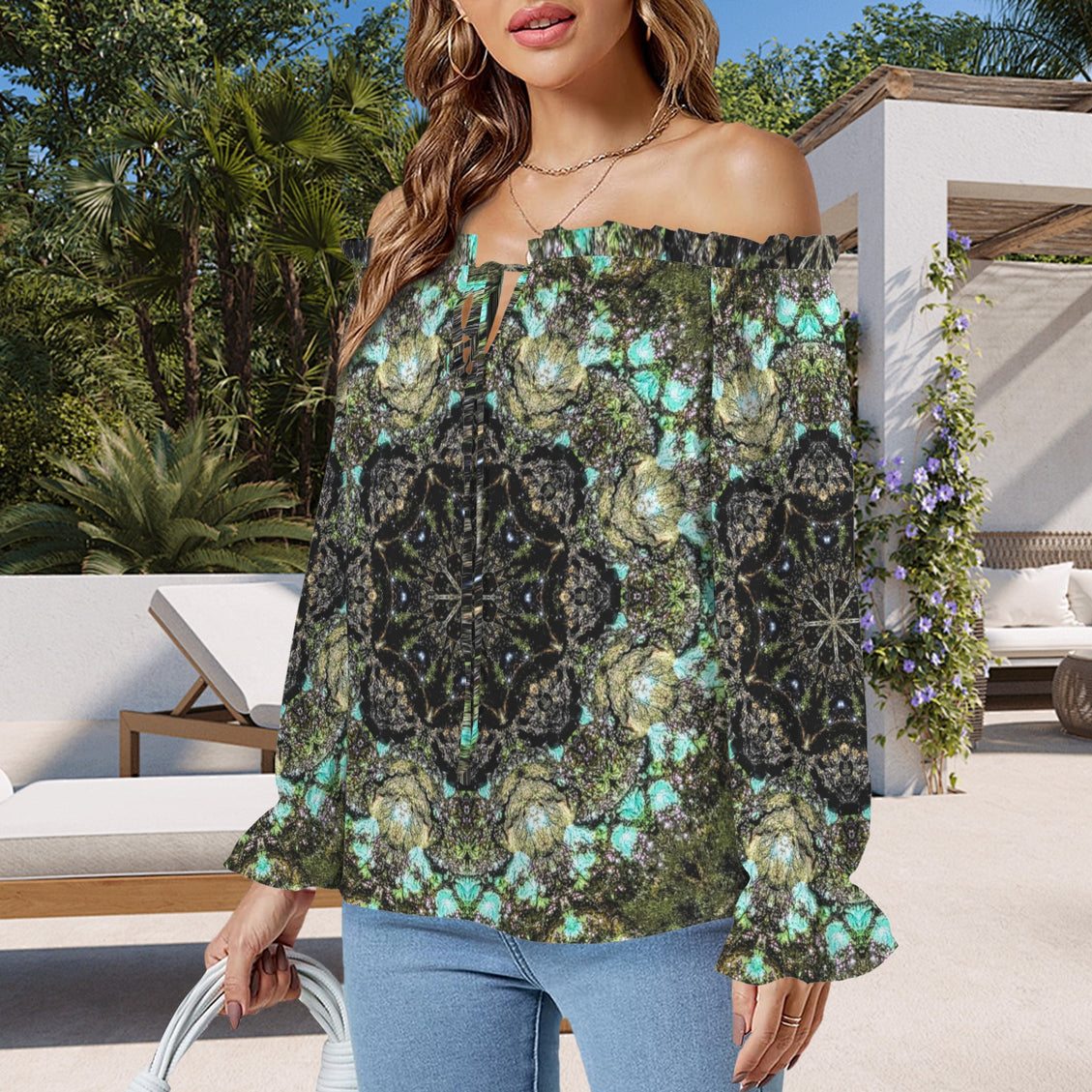 Off Shoulder Lantern Sleeve Blouse Blue Algae