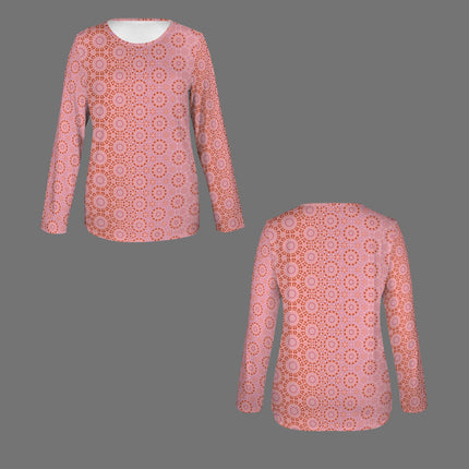 Long Sleeve Round Neck T Shirt Red Pink Geometric