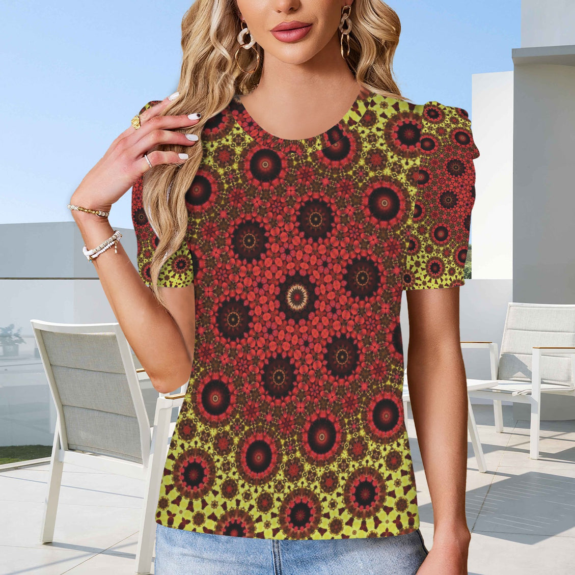 Puff Sleeve T-Shirt Fall Leaves Red Chartreuse