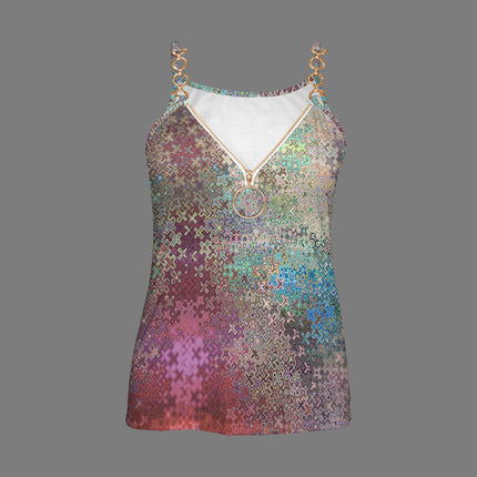 V Neck Chain Cami Peacock Feathers Ombre