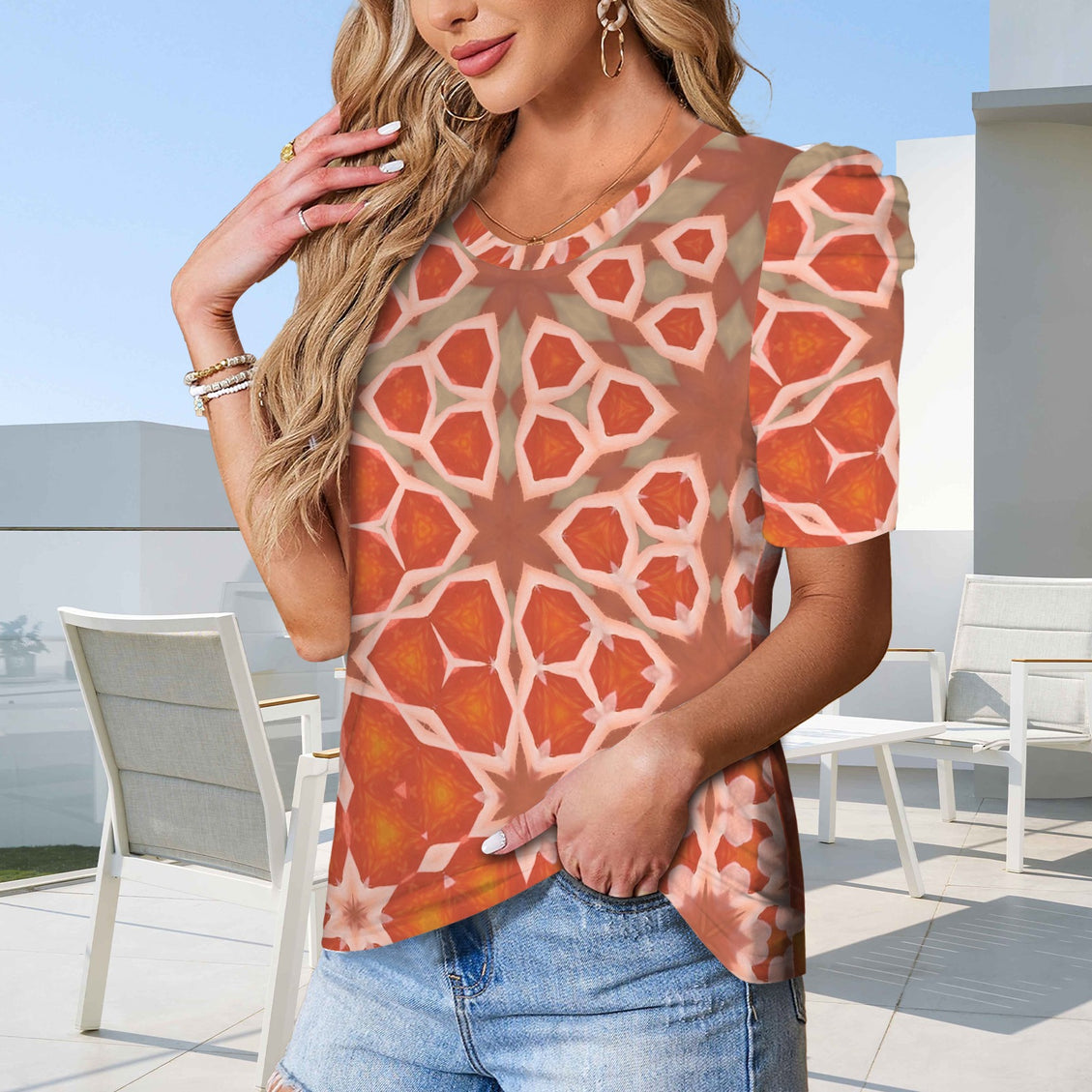 Puff Sleeve T-Shirt Coral and Taupe Geometric