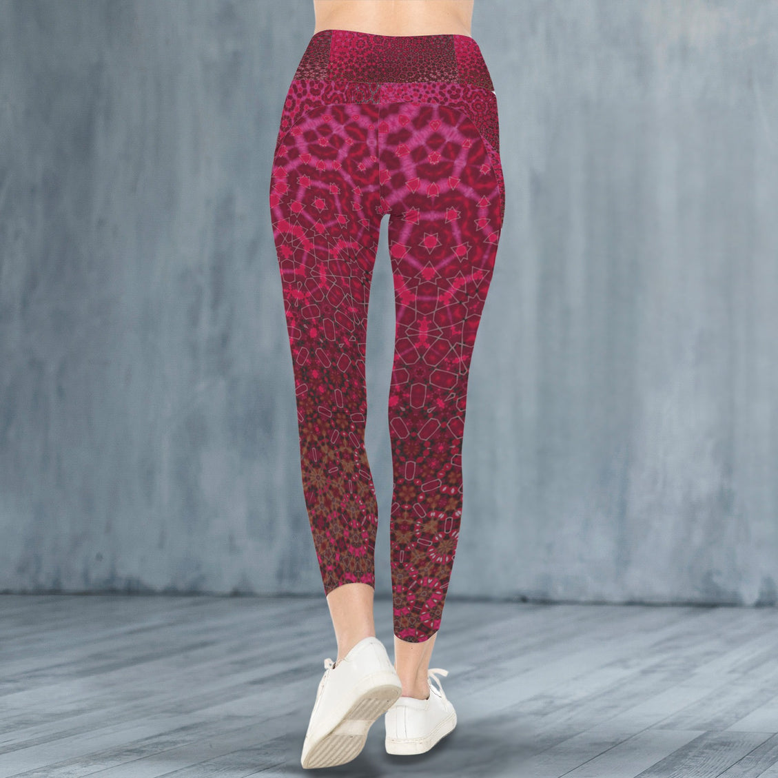 High Waist Pockets Yoga Leggings Red Leaves Abstract