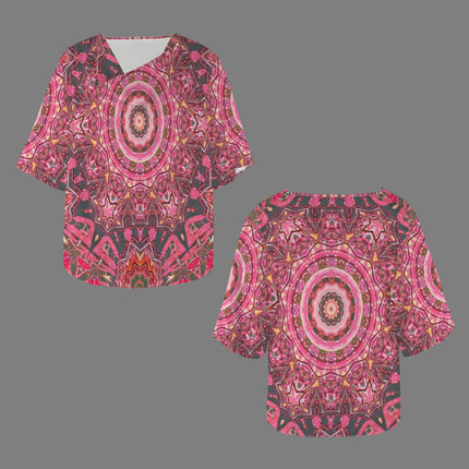 Draped Neck Blouse Pink Gray Medallion