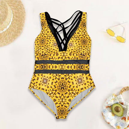 V Neck Mesh One Piece Swimsuit Butterfly