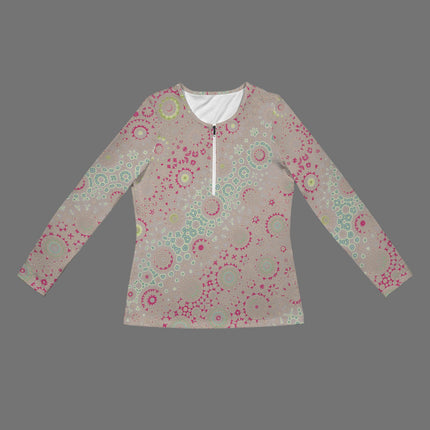 Long Sleeve Zip Front T-Shirt Petunias Abstract