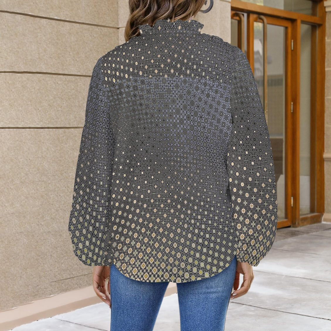 V Neck Pleated Long Sleeve Blouse Shattered Windshield Gold and Gray Ombre