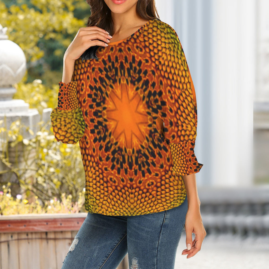 Crew Neck Pleated Sleeve T-Shirt Sunflower Medallion