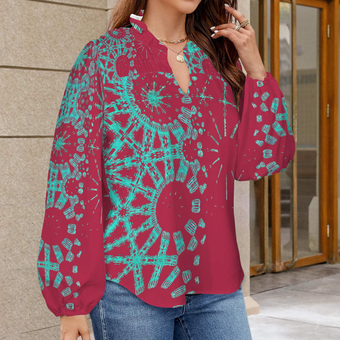 V Neck Long Sleeve Blouse Red and Turquoise Graphic