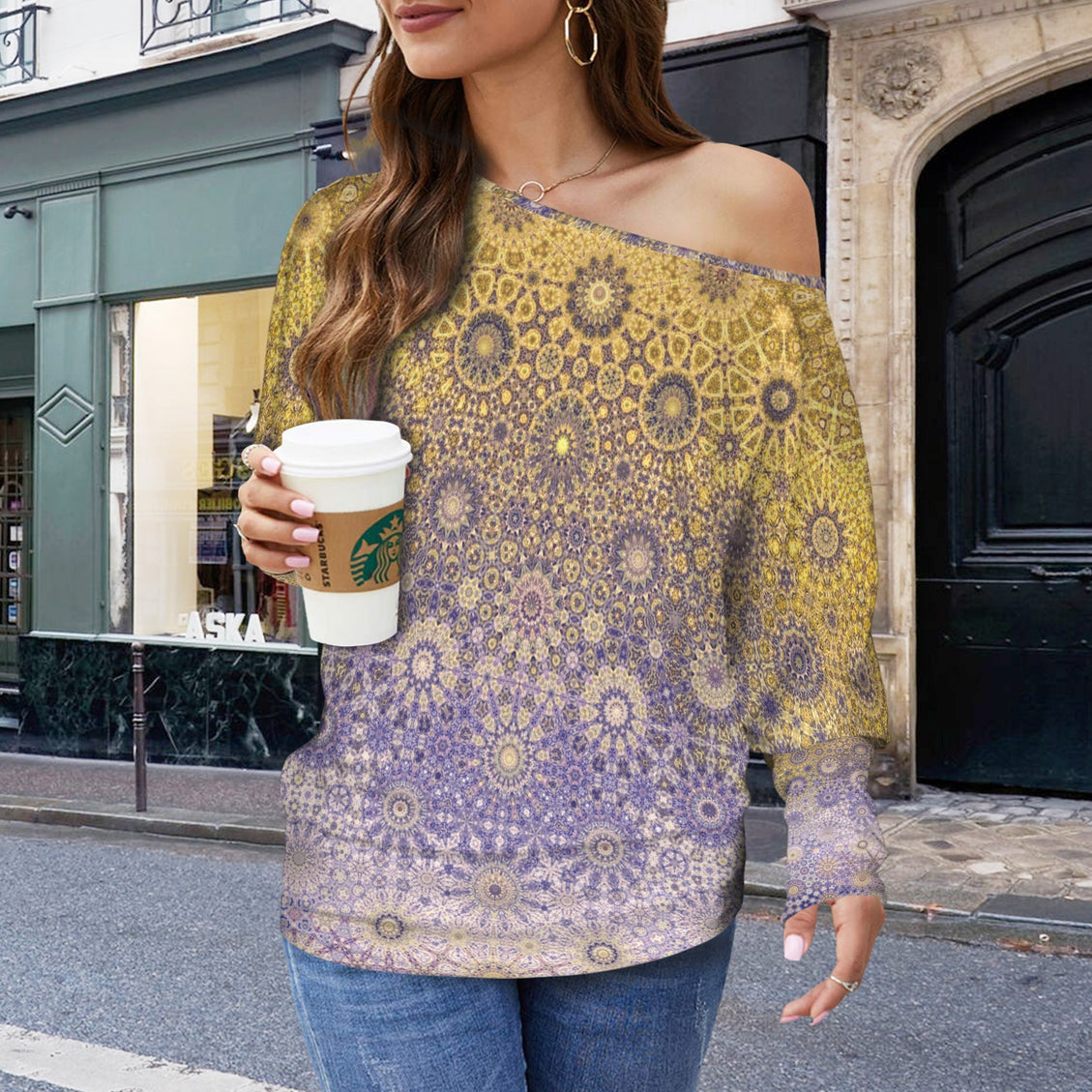 Batwing Long Sleeve Top Purple & Gold