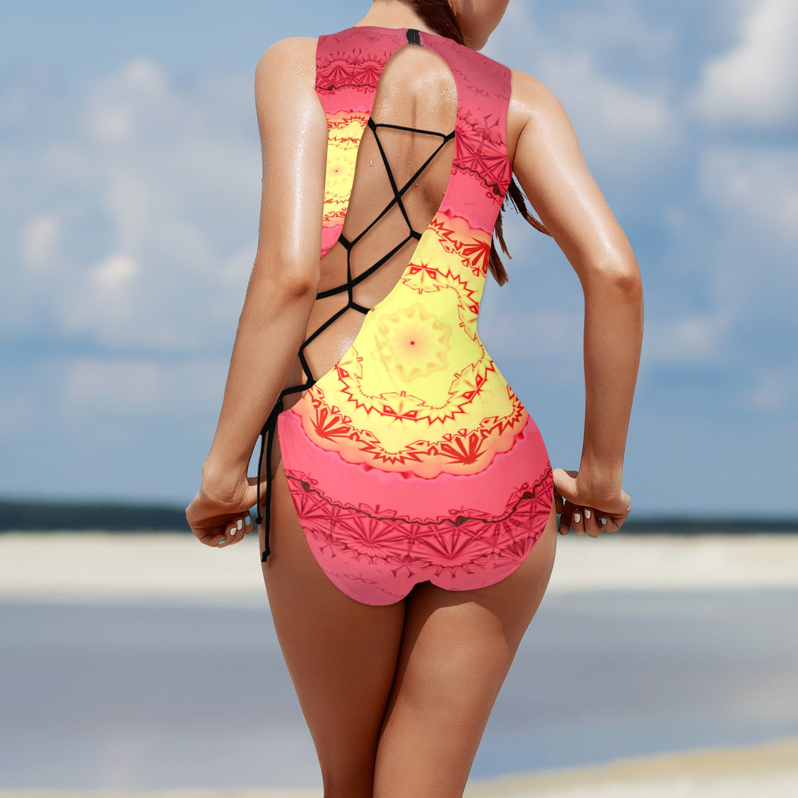 Tie Back Lace Up One Piece Swimsuit Red & Yellow Medallion