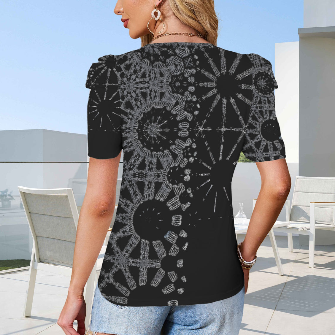 Puff Sleeve T-Shirt Black and Silver Metallic Graphic