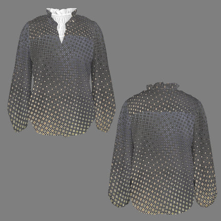 V Neck Pleated Long Sleeve Blouse Shattered Windshield Gold and Gray Ombre