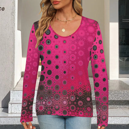 V Neck Long Sleeve Sweater Red Leaves Fuchsia