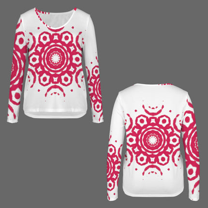 Long Sleeve V Neck Top Red Medallion