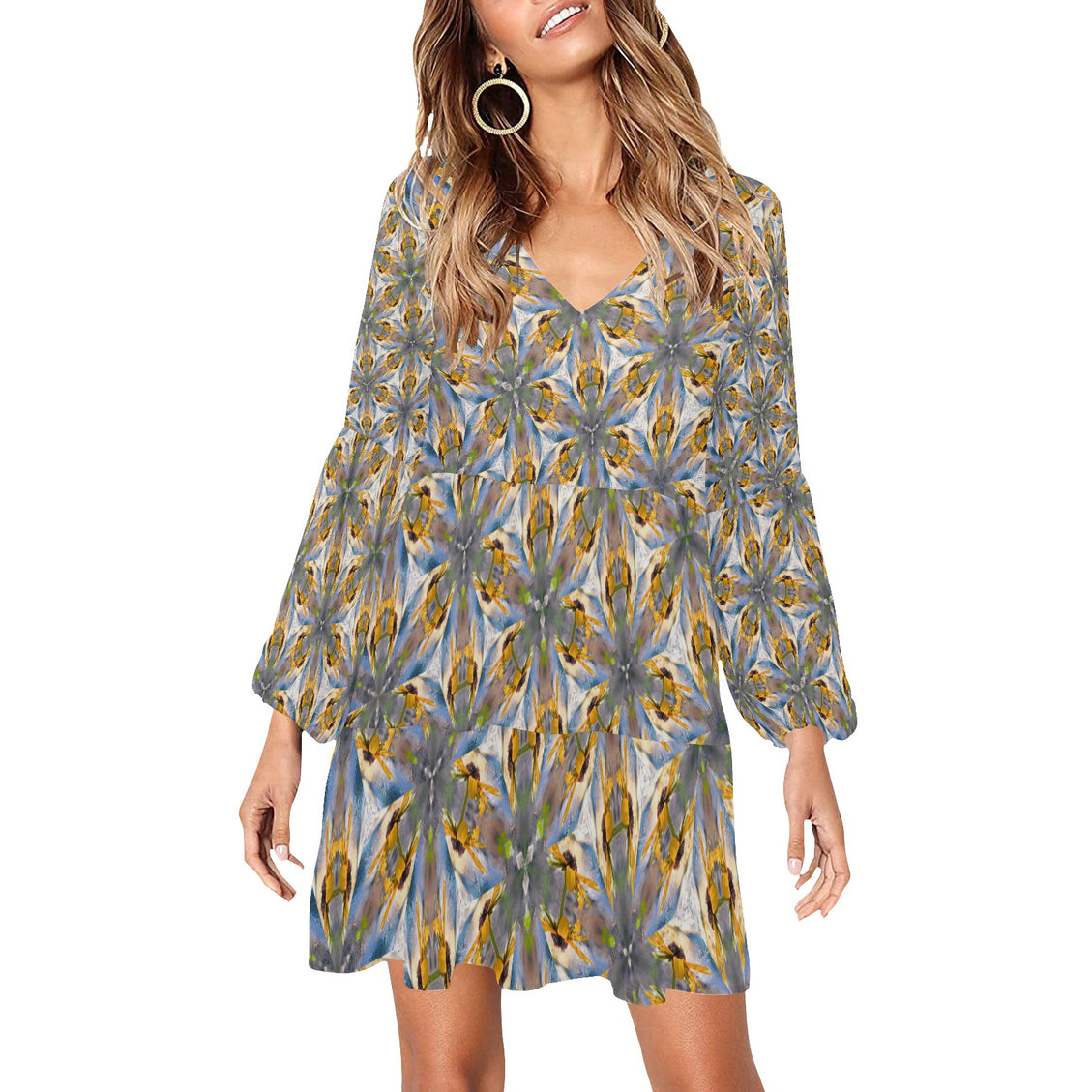 V Neck Flowy Dress Sunflower Lakeside Sunset Geometric