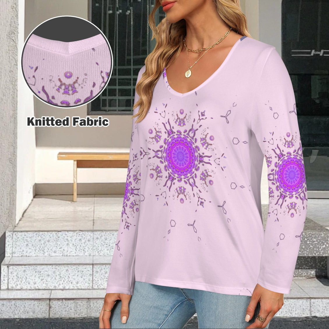 Long Sleeve V Neck Top Pink Bergamot Medallion II