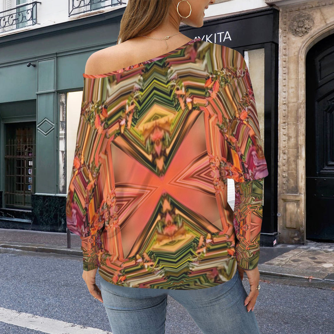 Batwing Long Sleeve Top Fall Leaves Geometric