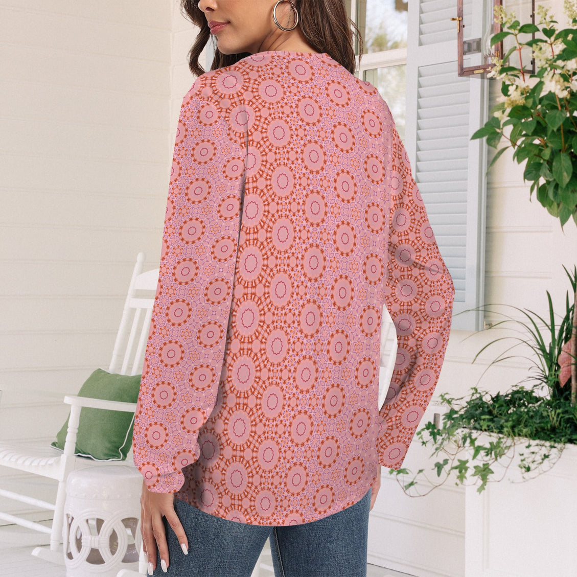 Long Sleeve Round Neck T Shirt Red Pink Geometric