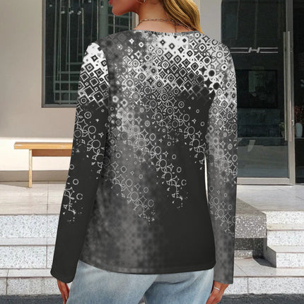 V Neck Long Sleeve Sweater Black and White Abstract