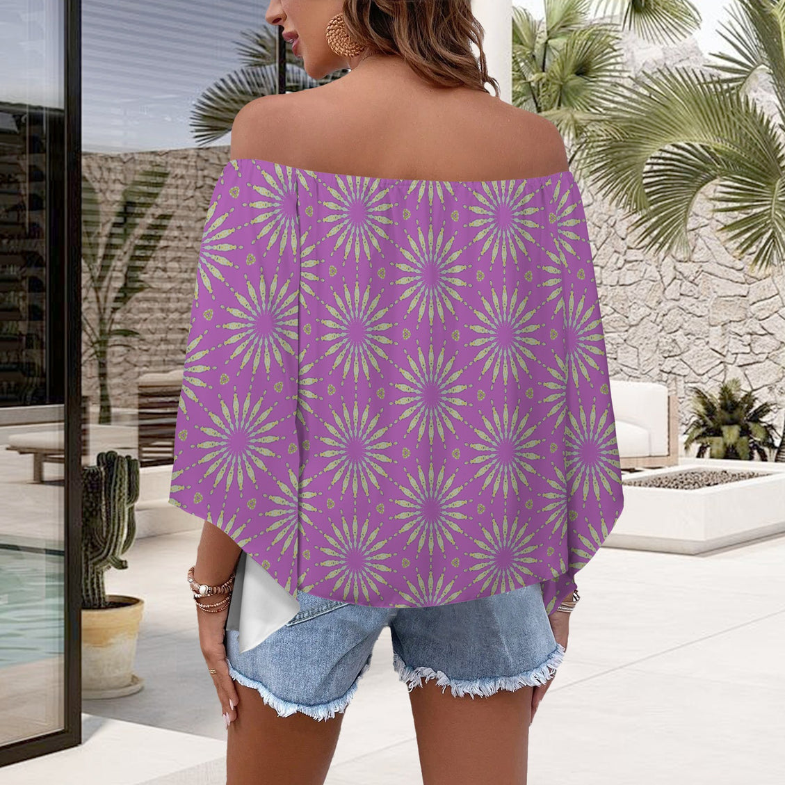 Trumpet Off Shoulder Blouse Fuchsia Sunflower Starburst