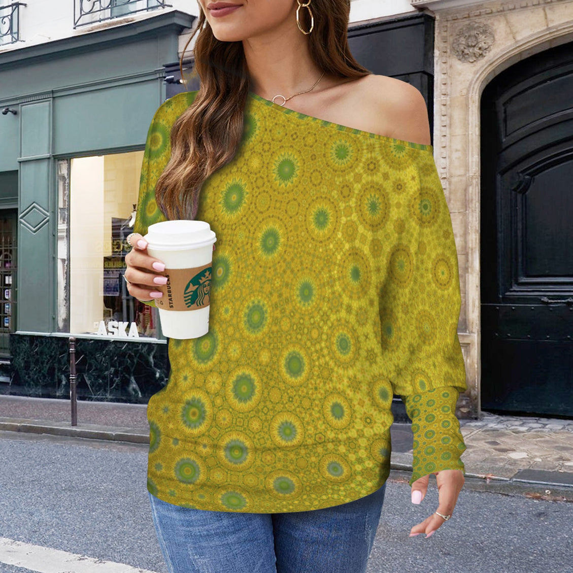 Batwing Long Sleeve Sweater Green & Gold Reflections