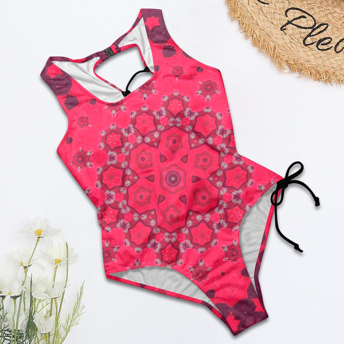 Tie Back Lace Up One Piece Swimsuit Red Hollyhocks