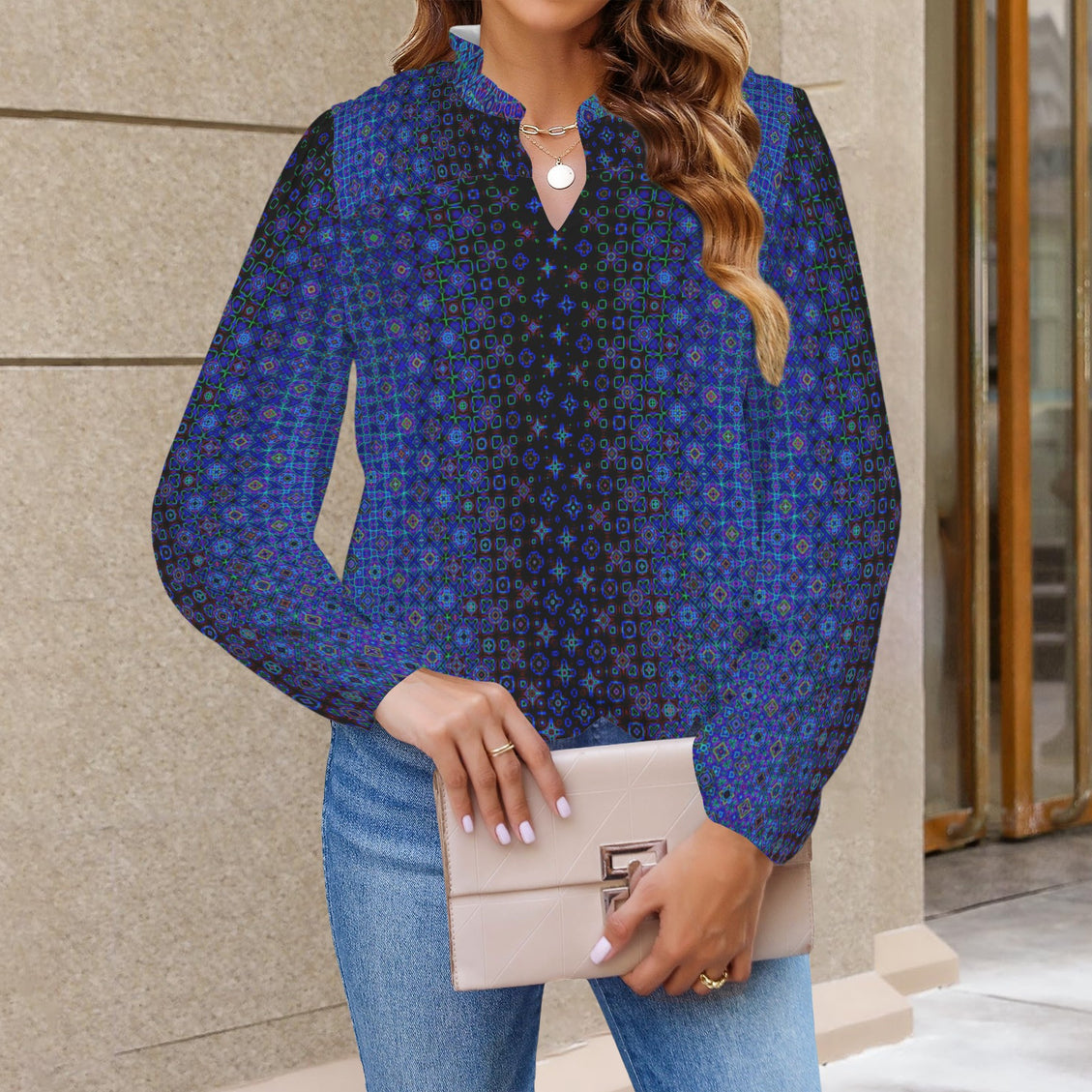 V Neck Pleated Long Sleeve Blue Lights Ombre