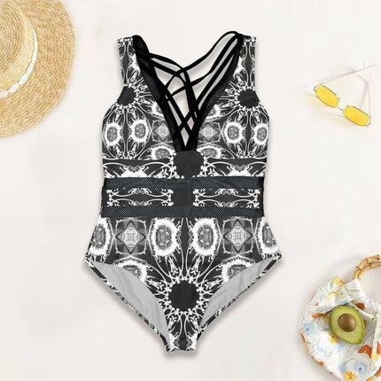 V Neck Mesh One Piece Swimsuit Frosty Reeds Black and White