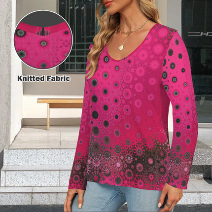 V Neck Long Sleeve Sweater Red Leaves Fuchsia