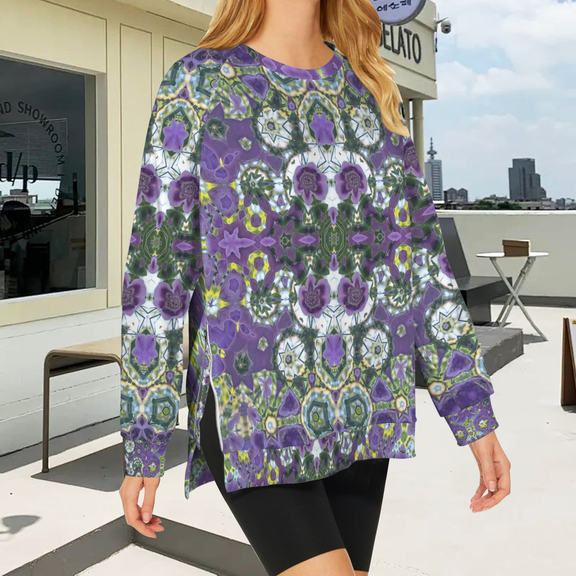 Crew Neck Long Sleeve Side Zip Sweatshirt Foxglove