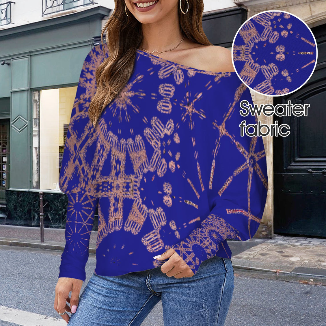 Batwing Sleeve Top Indigo and Rose Gold Graphic