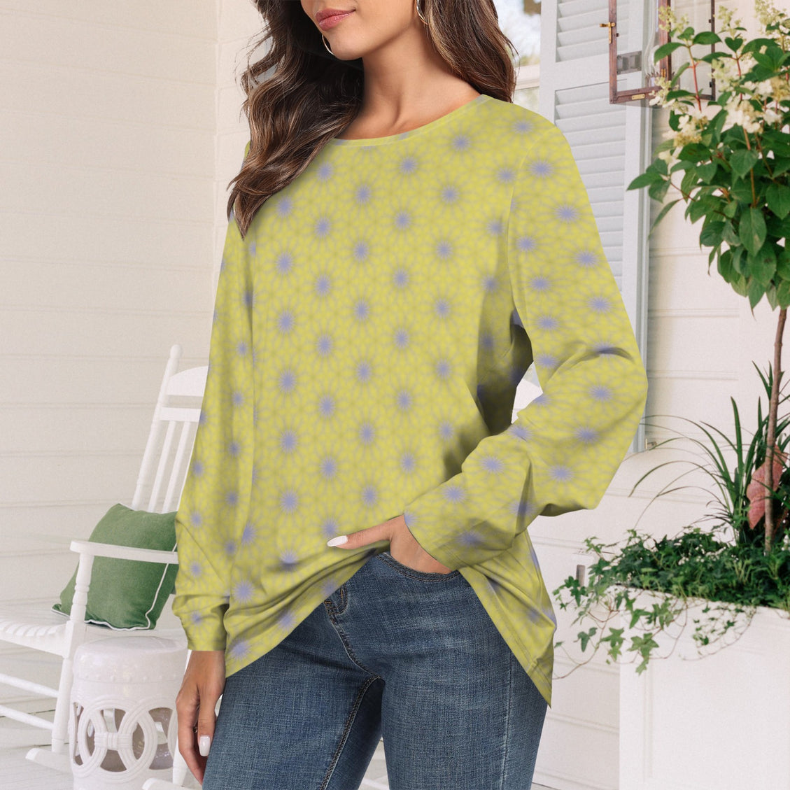 Long Sleeve Round Neck T Shirt Yellow and Purple Flowers