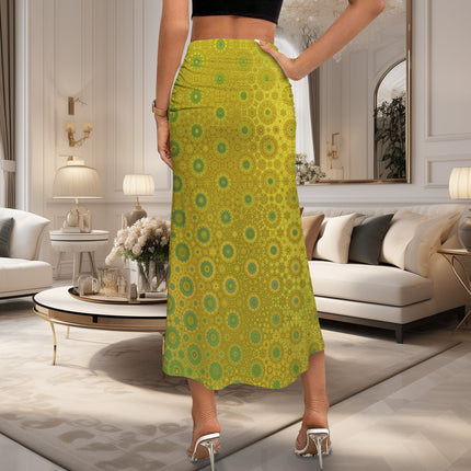 Ruched High Waist Maxi Skirt Green and Gold