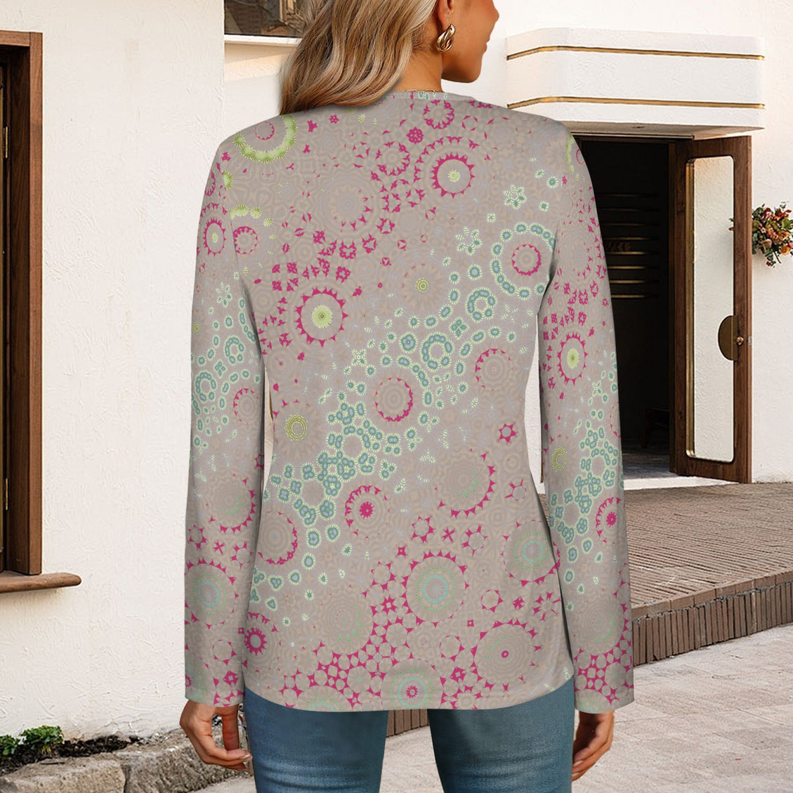 Long Sleeve Zip Front T-Shirt Petunias Abstract