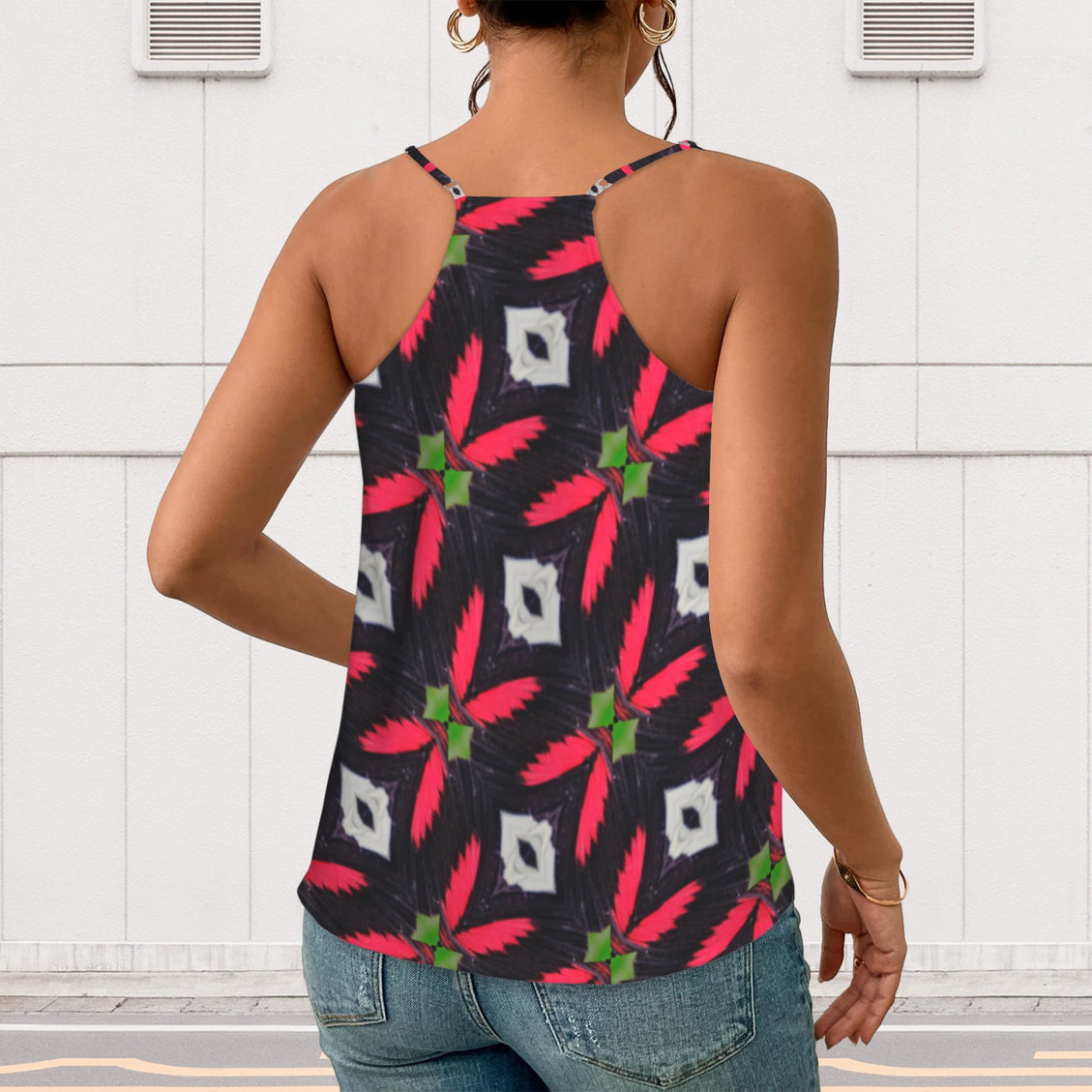 V Neck Cami Red and Black Butterfly