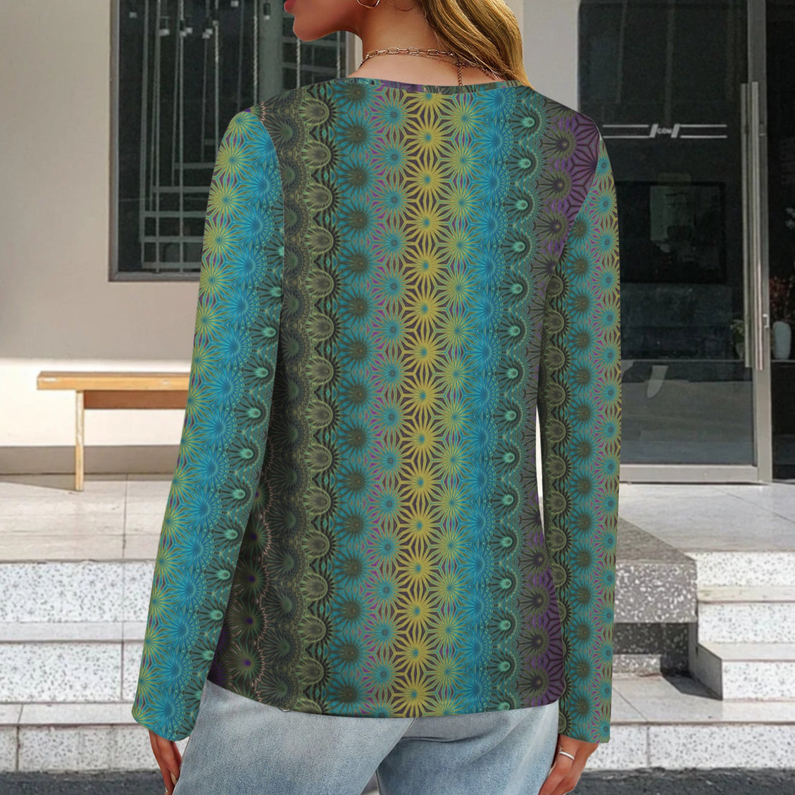 V Neck Long Sleeve Sweater Peacock