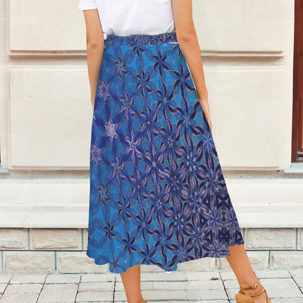 Tie Waist Wrap Skirt Blue Flowers Geometric