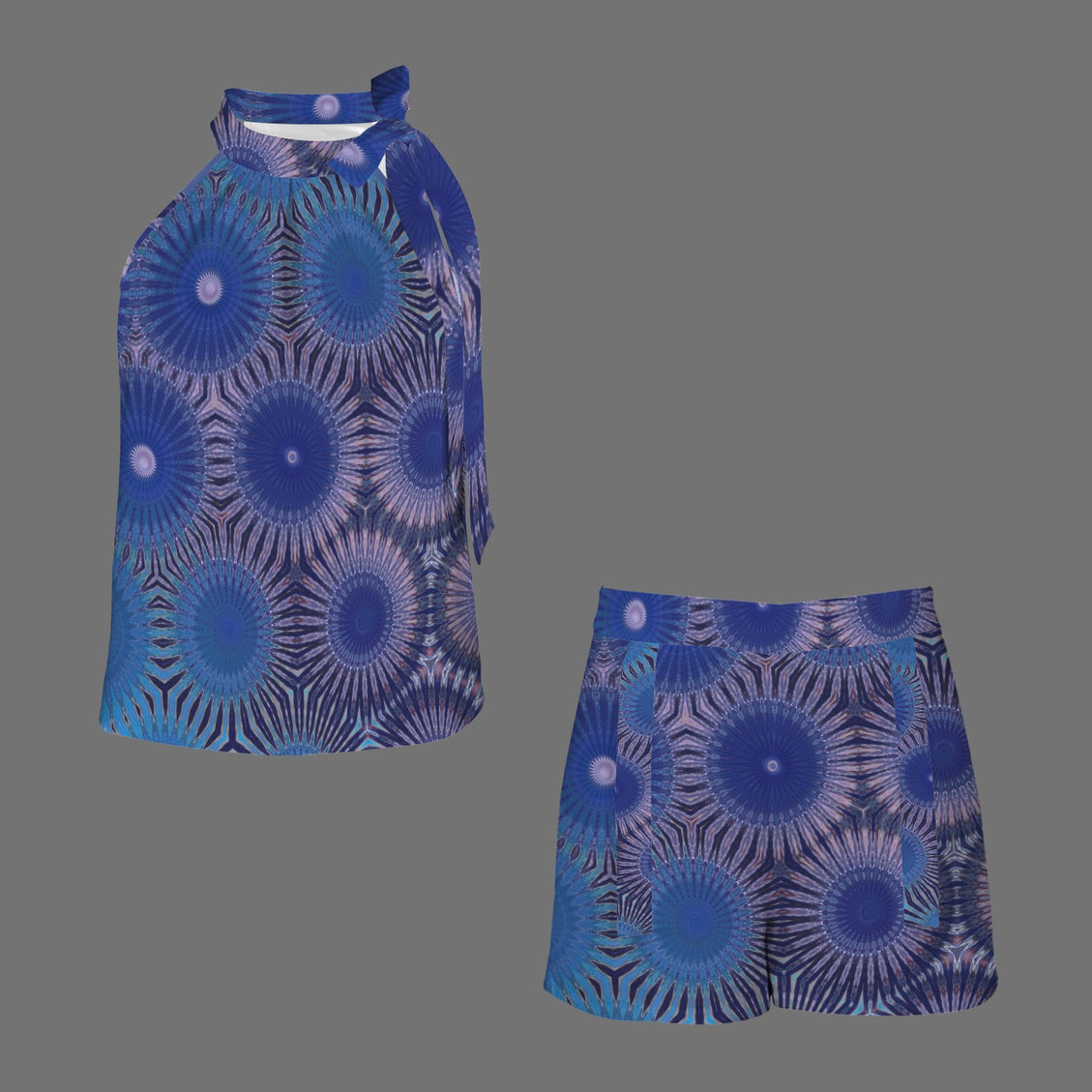 Ruched Sleeveless Tie Top Blouse and Shorts Blue Starburst