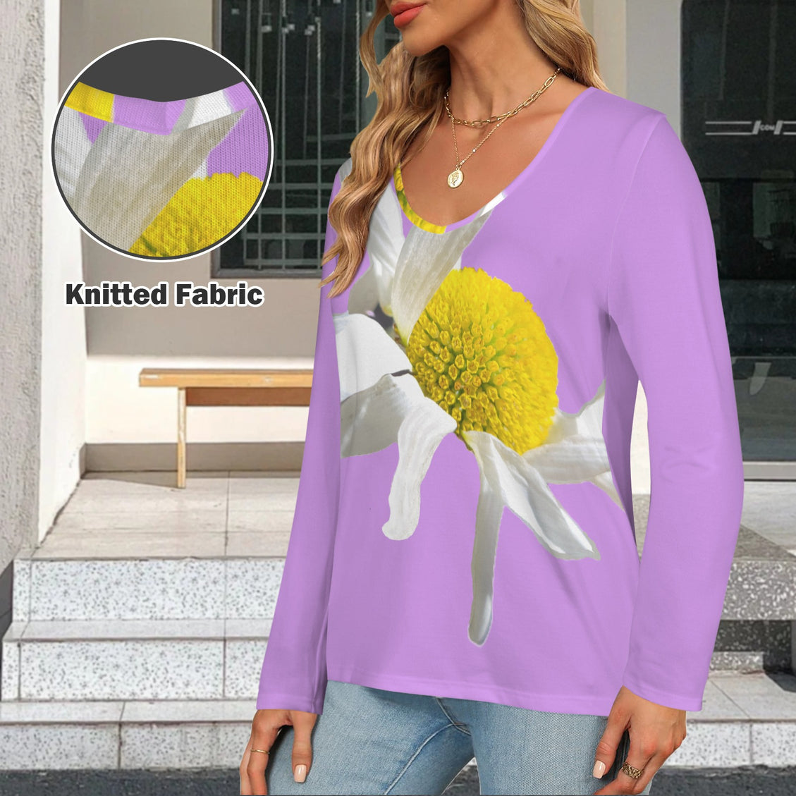 V Neck Long Sleeve Sweater Daisy Lavendar