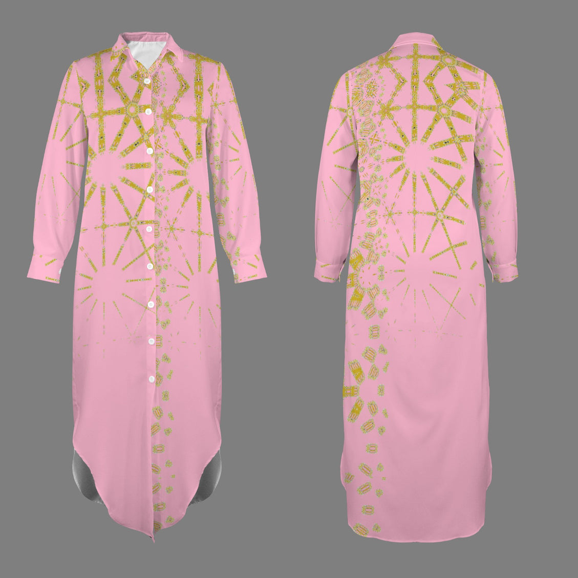 Long Sleeve Shirt Dress Pink and Gold Graphic