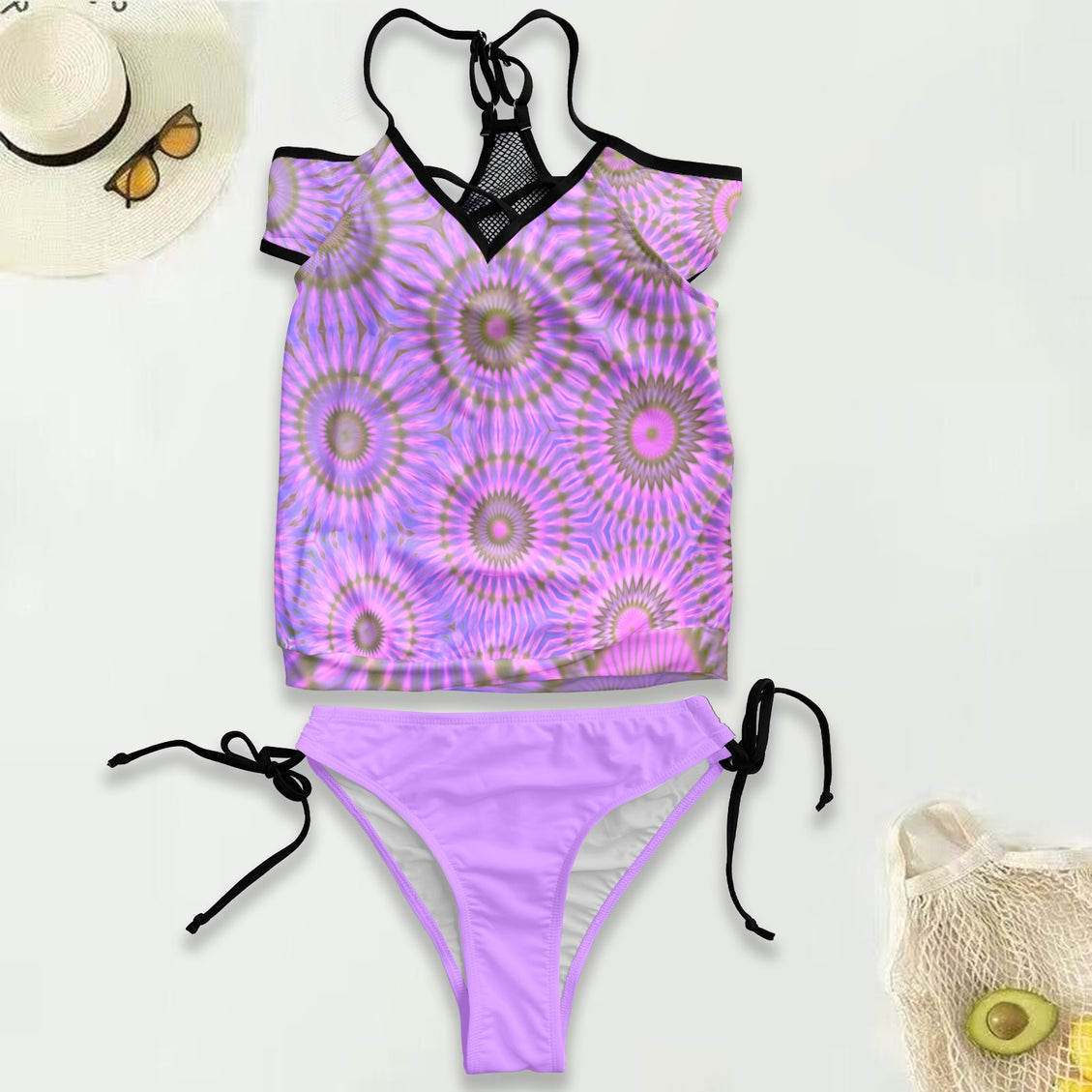 Mesh Back Tankini Lavendar Abstract