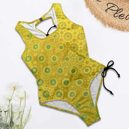 Tie Back Lace Up One Piece Swimsuit Green & Gold