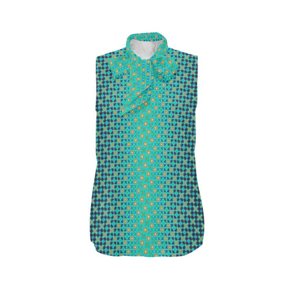 Bow Tie V Neck Sleeveless Blouse Peacock Turquoise Ombre