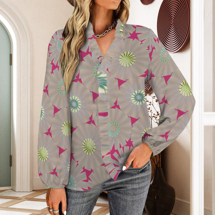 Long Sleeve Ruffled Blouse Taupe Yellow Pink Turquoise