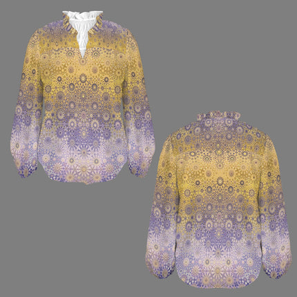 V Neck Pleated Long Sleeve Gold and Lavendar Ombre